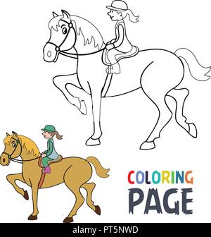 Pagina di colorazione con donna cavallo Equitazione cartoon Illustrazione Vettoriale