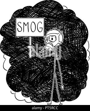 Cartoon di uomo con maschera a gas in piedi in aria inquinata e tenendo premuto segno di smog Illustrazione Vettoriale