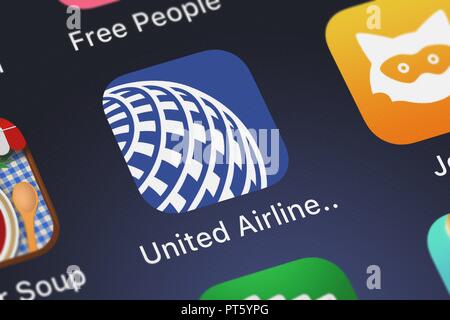 London, Regno Unito - Ottobre 06, 2018: Close-up della United Airlines icona da United Airlines su un iPhone. Foto Stock