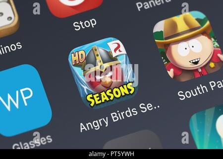 London, Regno Unito - Ottobre 06, 2018: Close-up shot di Angry Birds Seasons HD icona applicazione da Rovio Entertainment Oyj su un iPhone. Foto Stock