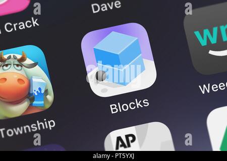London, Regno Unito - Ottobre 06, 2018: screenshot di Ketchapp's mobile app blocchi. Foto Stock