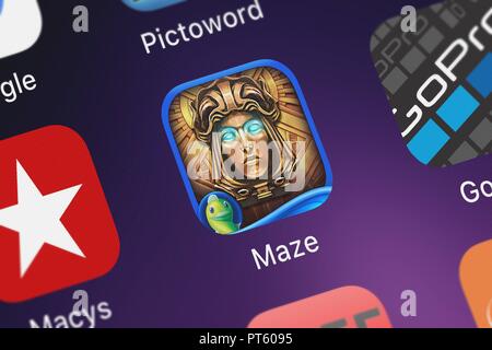 London, Regno Unito - 6 Ottobre 2018: il labirinto: la Torre rotto - Oggetti nascosti mobile app da Big Fish Games, Inc su un schermo di iPhone. Foto Stock