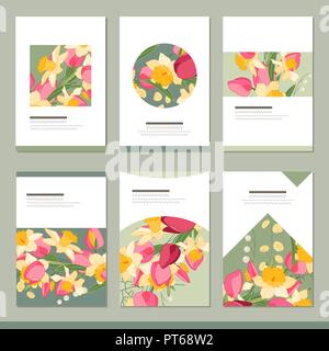 Set con sei motivi floreali modelli romantici. Tulipani, narcisi e erbe aromatiche Illustrazione Vettoriale