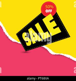 La carta fu strappato lo sfondo e sconto 50% off label in stile appartamento. Illustrazione Vettoriale. Illustrazione Vettoriale