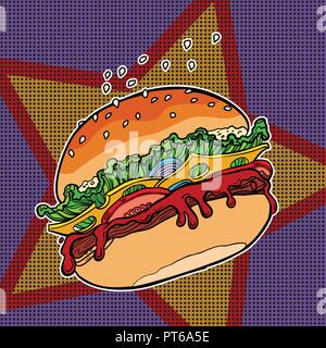 Il fast food Burger su una stella sullo sfondo. Fumetto cartoon arte pop retrò illustrazione vettoriale disegno Illustrazione Vettoriale