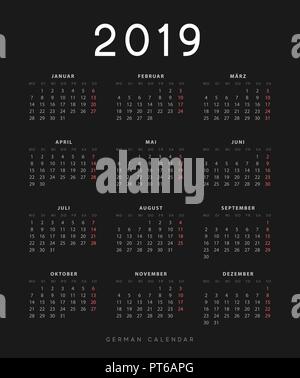 Semplice Germania calendario per 2019 anni, settimana inizia di lunedì. Calandra di Design su sfondo nero Illustrazione Vettoriale