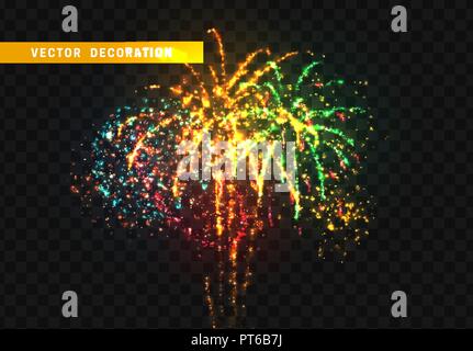 Impostare festosi fuochi d'artificio isolato su sfondo trasparente. Illustrazione Vettoriale