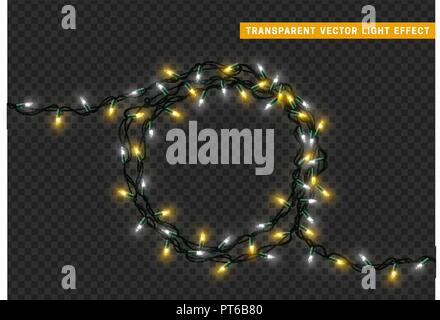 Ghirlande vettore isolato telaio wreath round. Le decorazioni di Natale gli effetti delle luci. Luci incandescenti per vacanze di Natale. Illustrazione Vettoriale