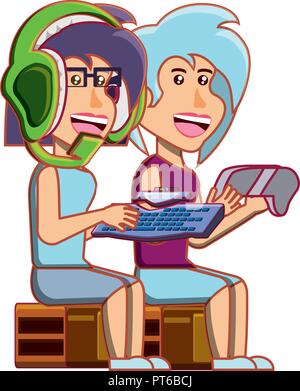 Ragazze seduta la riproduzione di video gioco illustrazione vettoriale design Illustrazione Vettoriale