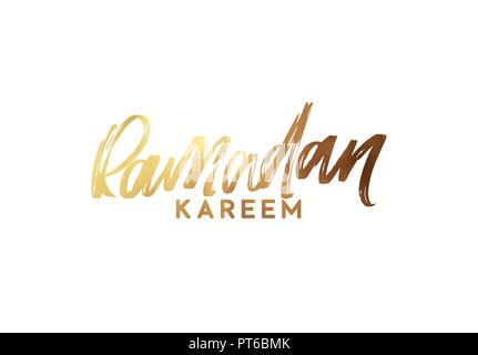 Il Ramadan Kareem. Il testo scritto a mano dorata calligraphy. Lettering isolati su sfondo bianco Illustrazione Vettoriale