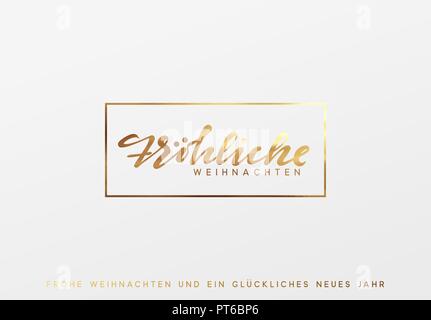 Testo Tedesco Frohliche Weihnachten. Buon Natale oro scritte in un telaio dello sfondo. Illustrazione Vettoriale