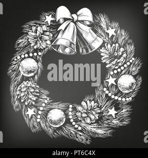 Ghirlanda di Natale simbolo del cristianesimo disegnati a mano illustrazione vettoriale sketch, disegnati in gesso su una lavagna nera Illustrazione Vettoriale