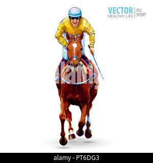 Jockey a cavallo. Campione. Corse di cavalli. Ippodromo. Racetrack. Jump Racetrack. Equitazione. Un cavallo da corsa arrivando primo al traguardo. Isolato su sfondo bianco. Illustrazione Vettoriale Illustrazione Vettoriale