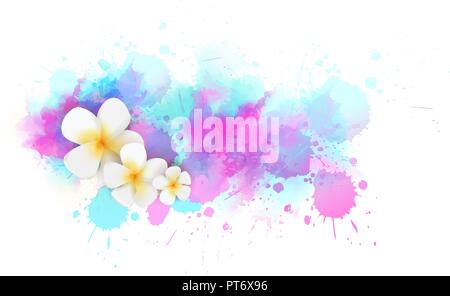 Acquerelli astratti schizzi linea tropicale e fiori di frangipani. Concetto di viaggio dello sfondo. Blu e rosa. Illustrazione Vettoriale
