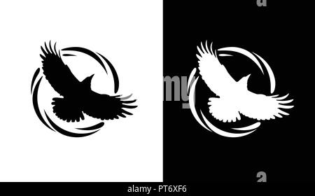 Logo rotondo con Raven in bianco e nero Illustrazione Vettoriale