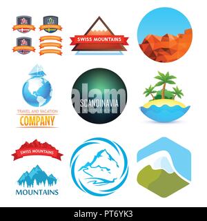 Set di emblema di viaggio con le montagne, Navi e mare esotici paesaggi Illustrazione Vettoriale