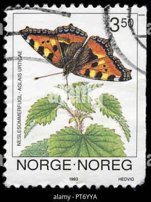 Con timbro postale timbro dalla Norvegia dalla serie farfalle rilasciato in 1993 Foto Stock