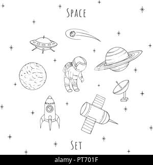 Disegnata a mano spazio vettoriale elementi: cosmonauta, satelliti, rucola, pianeti e stelle cadenti e UFO. Cosmo insieme isolato su uno sfondo bianco. Illustrazione Vettoriale