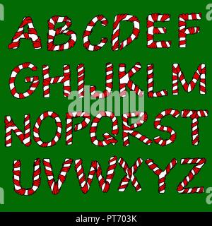 Avvolto in un nastro alfabeto. Serie di lettere maiuscole. Natale caramelle imitazione. Illustrazione Vettoriale