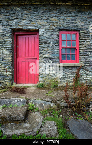 Vintage porta e finestra su una facciata di un vecchio cottage in Irlanda Foto Stock