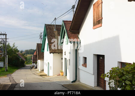 Wildendürnbach: Kellergasse (cantina lane) con Presshaus Presshäuser (premere casa) a hill Galgenberg, vigneto, il vino nel Weinviertel, Niederösterreich Foto Stock