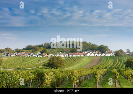 Wildendürnbach: Kellergasse (cantina lane) con Presshaus Presshäuser (premere casa) a hill Galgenberg, vigneto, il vino nel Weinviertel, Niederösterreich Foto Stock