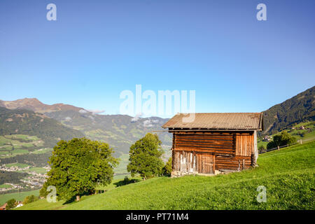 Pascolo alpino escursione di un vecchio fienile in legno con prato di montagna nelle Alpi austriache, Zillertal Austria Foto Stock