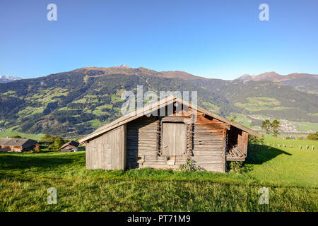 Pascolo alpino escursione di un vecchio fienile in legno con prato di montagna nelle Alpi austriache, Zillertal Austria Foto Stock