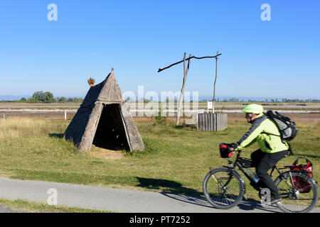 Illmitz: Rifugio con tetto in paglia, Ziehbrunnen (pozzo) a pozza Lacke Zicklacke, Puszta, ciclista in Neusiedler See (lago di Neusiedl) parco nazionale, Burgenl Foto Stock