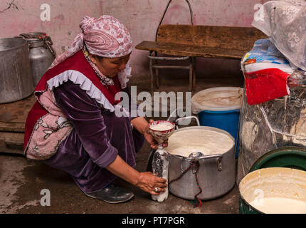 Locali di donne del Kirghizistan vende yak yogurt nel mercato Murghab, il Pamir Mountains, Gorno-Badakhshan, Tagikistan. Foto Stock