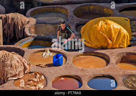 Il Marocco Marrakech conceria in pelle con vasche di pigmenti colorati e Tanner lo smistamento delle pelli Foto Stock