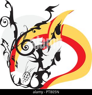 Vecchio decorativo testa leone simbolo. Tribal orange testa di leone creato dal twirled elementi decorati su sfondo bianco Illustrazione Vettoriale