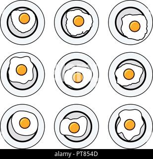 Set di vettore di deliziose uova fritte su piastre per colazione. flat uovo raccolta di icone Illustrazione Vettoriale