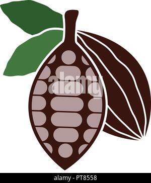 Icona del vettore di fava di cacao. cioccolato cibo organico simbolo. fava di cacao e foglie. albero di cacao frutto Illustrazione Vettoriale