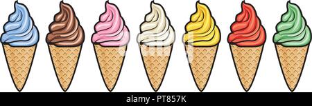 Vector coni gelato isolati su sfondo bianco. varietà di colorati coni gelato con vaniglia, frutta e cioccolato gelato Illustrazione Vettoriale