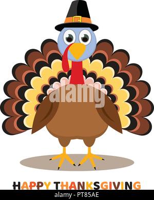 Scheda vettore per il giorno del ringraziamento con il cartoon turchia bird. Felice ringraziamento testo colorato Illustrazione Vettoriale