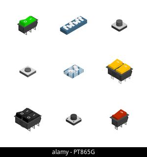 Set di diversi pulsanti elettrici e gli interruttori isolati su sfondo bianco. Appartamento 3D isometrica stile, illustrazione vettoriale. Illustrazione Vettoriale