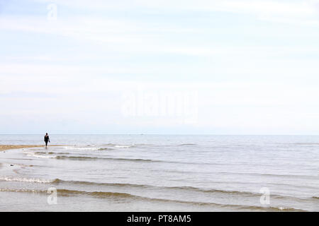 Lone donna che guarda al mare sulla spiaggia di Alnmouth, Northumberland, Inghilterra Foto Stock