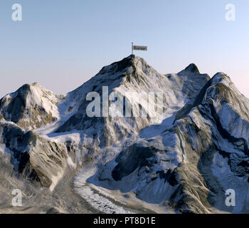 Il monte Everest, rilievo altezza, montagne. Himalaya mappa. Una bandiera sventola sul vertice dell'Everest Foto Stock