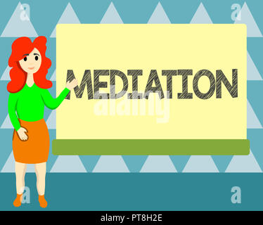 Scrittura testo scrittura di mediazione. Concetto significato controversia di intervento al fine di risolvere il problema di rilassamento di arbitrato. Foto Stock