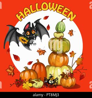 Un poster sul tema della vacanza Halloween party. Un mucchio di zucche mature e frutti di bosco del monte ceneri e carino bat. Vettore di Cartoon close-up illustrazione. Illustrazione Vettoriale