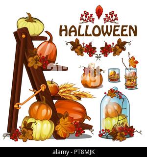 Corredo di elementi per la creazione di un poster sul tema della vacanza Halloween party, biglietto di auguri sul tema dell'autunno dorato. Caduto l'autunno foglie di albero, zucca, rowan, scaletta di legno. Vettore di cartoon di close-up. Illustrazione Vettoriale