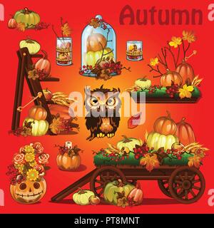 Corredo di elementi per la creazione di un poster sul tema della vacanza Halloween party, biglietto di auguri sul tema dell'autunno dorato. Caduto l'autunno foglie di albero, zucca, rowan, OWL, scaletta di legno. Vettore di cartoon di close-up. Illustrazione Vettoriale
