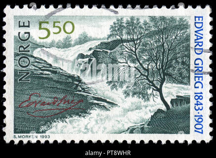 Con timbro postale timbro provenienti dalla Norvegia in Grieg, Edvard serie rilasciato in 1993 Foto Stock