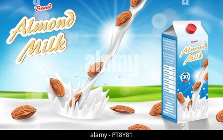 Latte di Mandorla con vetro splash isolato su sfondo bokeh di fondo con semi. I prodotti lattiero-caseari package design. Illustrazione Vettoriale annunci Illustrazione Vettoriale