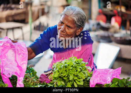 Udaipur, Rajasthan, India, 31 Gennaio 2018: femmina indiano venditore al pubblico mercato vegetale Foto Stock