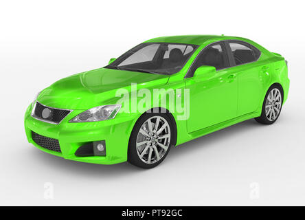 Auto isolato su bianco - vernice verde, vetro trasparente - anteriore - Vista lato sinistro - il rendering 3D Foto Stock