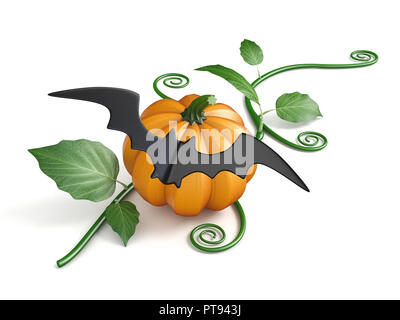 La zucca con carta nera bat e lascia il rendering 3D illustrazione isolati su sfondo bianco Foto Stock