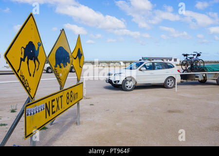 Cartello stradale di avvertimento di fauna selvatica sulla strada presso il Nullarbor Roadhouse South Australia con Auto e rimorchio in background Foto Stock