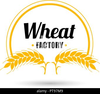Vettore di logo di fabbrica di grano su sfondo bianco. Cerchio arancione badge oro con spighe di grano. Design piatto. Illustrazione Vettoriale